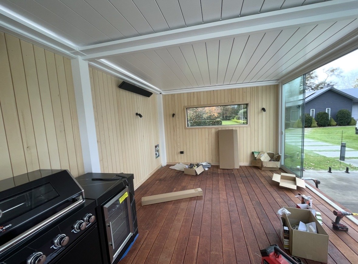 Wall linings, glazing and entertaining-area fit-out nearing completion.